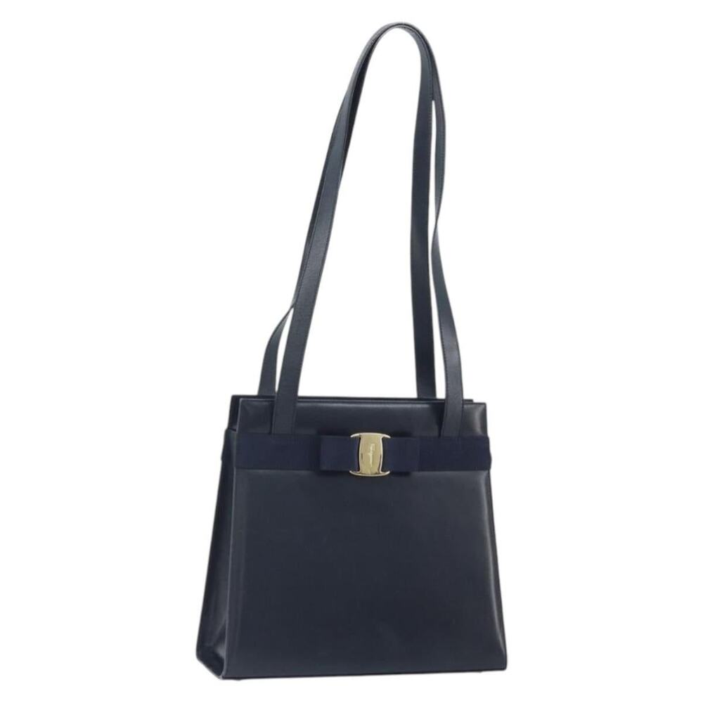 Salvatore Ferragamo Leather Vara Ribbon Shoulder Bag Navy
